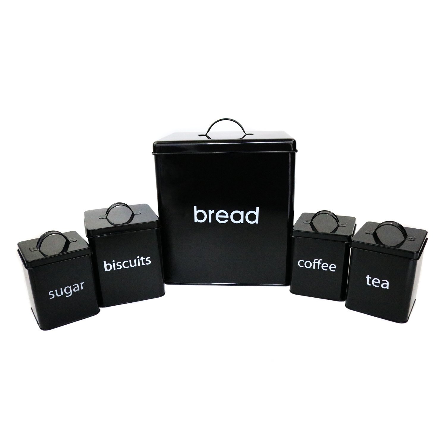 5pc Black Kitchen Canister Set Bread Biscuits Tea Sugar Coffee