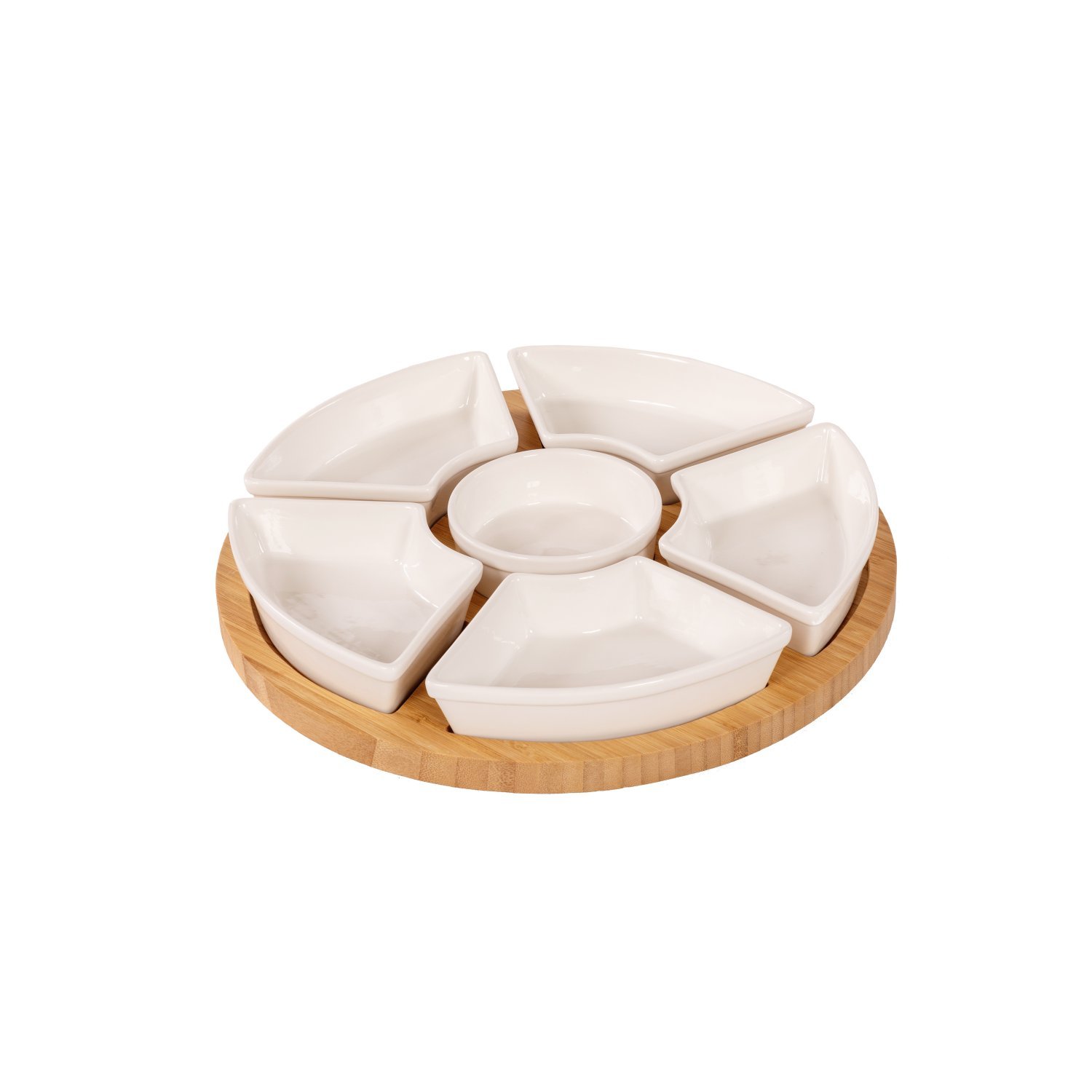 Rotating Bamboo Lazy Susan Snack Bowl Serving Platter with Ceramic Dishes - Click Image to Close