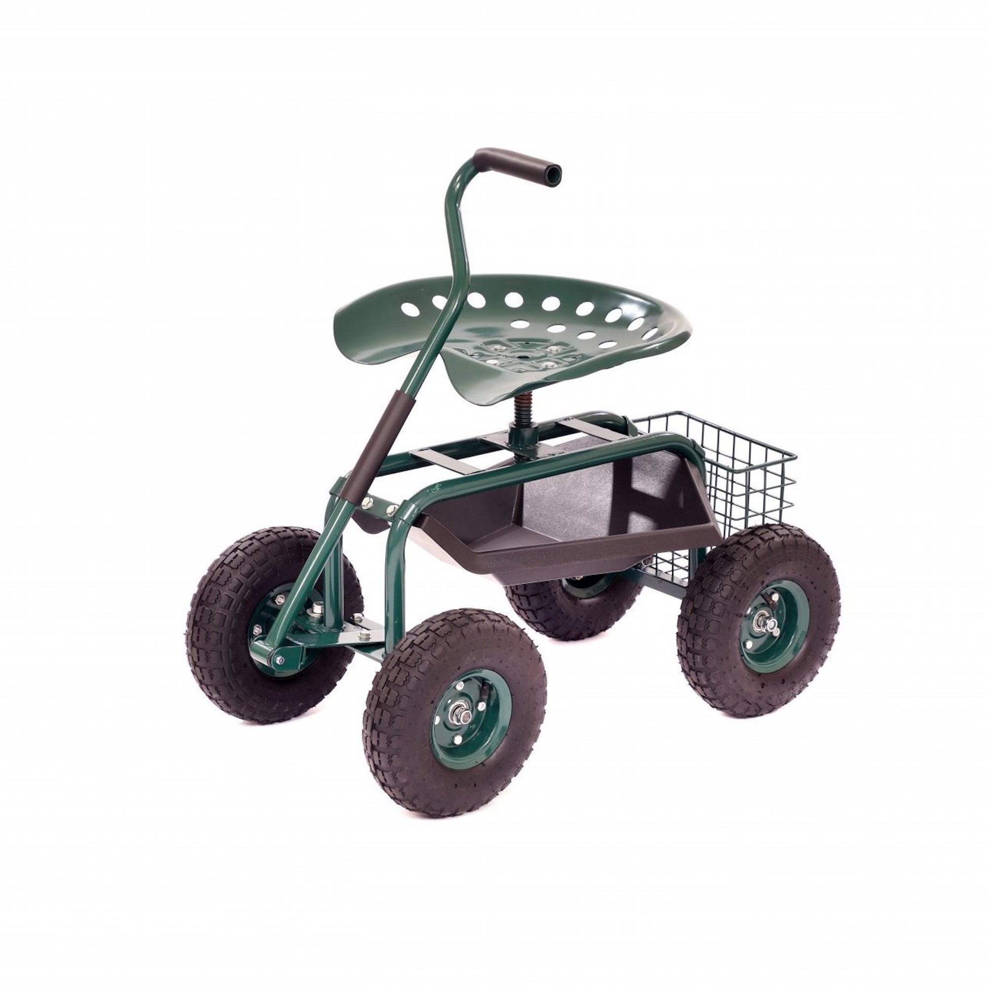 Outdoor Rolling Garden Seat Wheeled Stool w/ Tool Tray & Basket