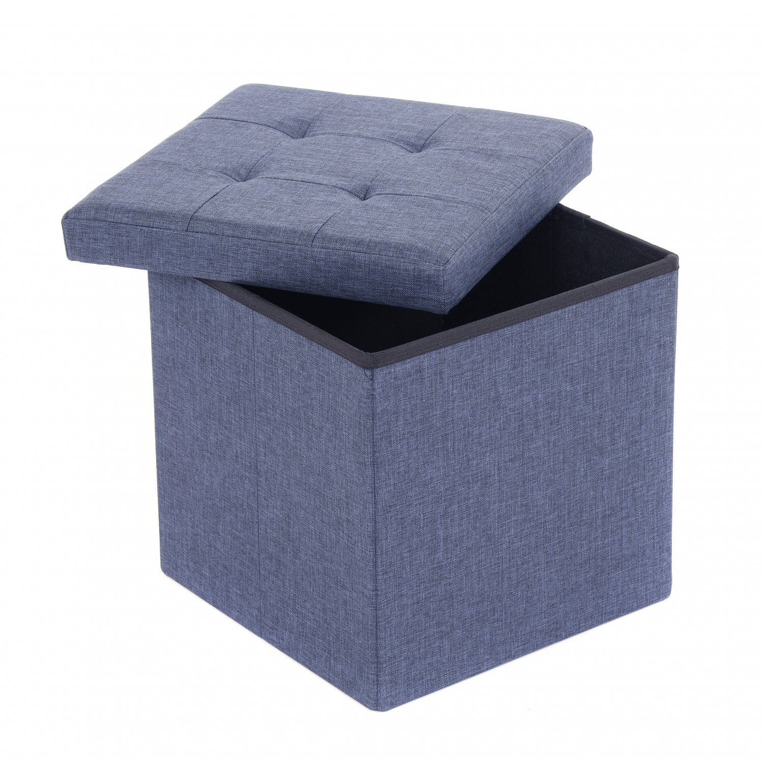 Small Blue Linen Folding Ottoman Storage Chest Box Seat Bench
