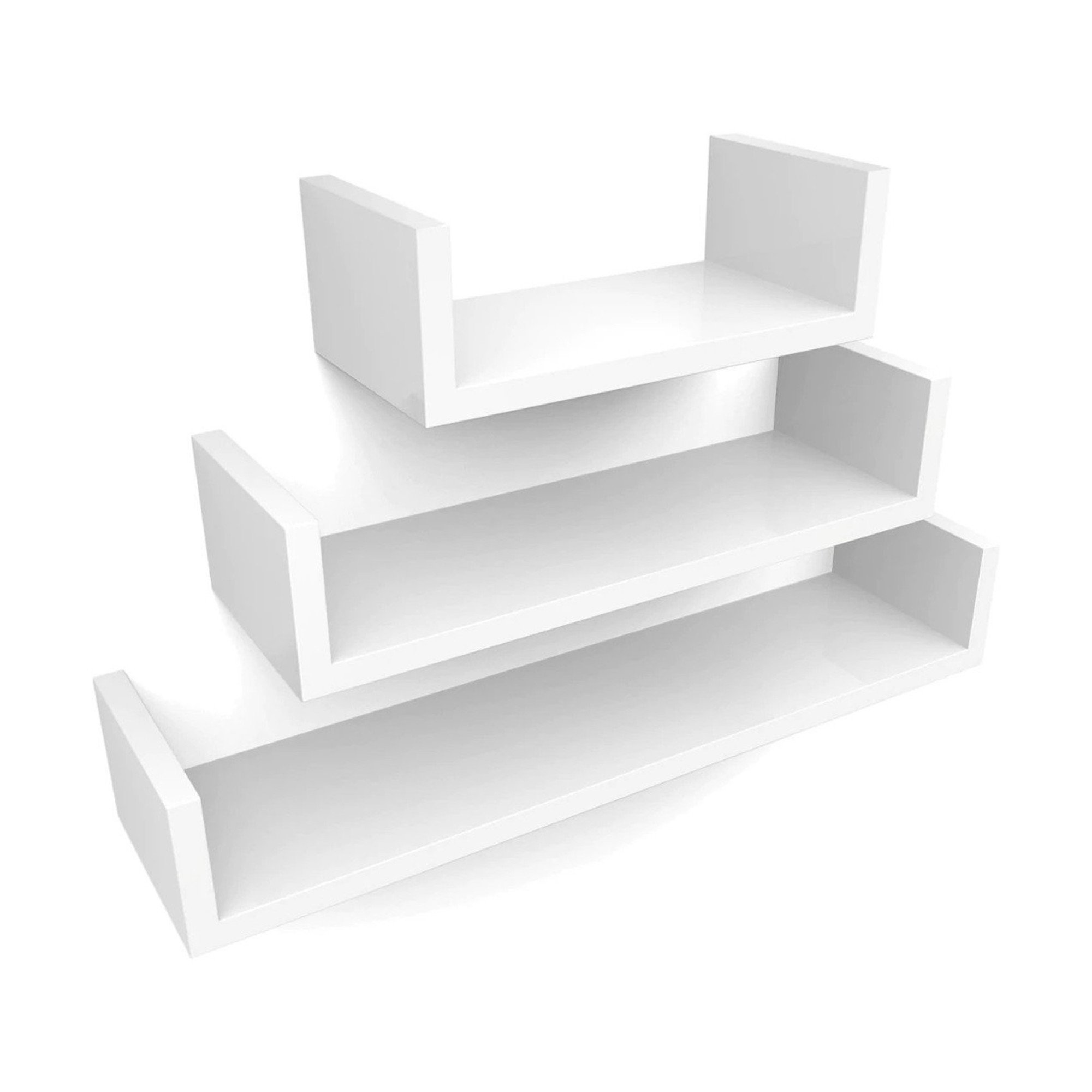 Set of 3 White U-Shaped Floating Wooden MDF Wall Shelves DIY Home Storage