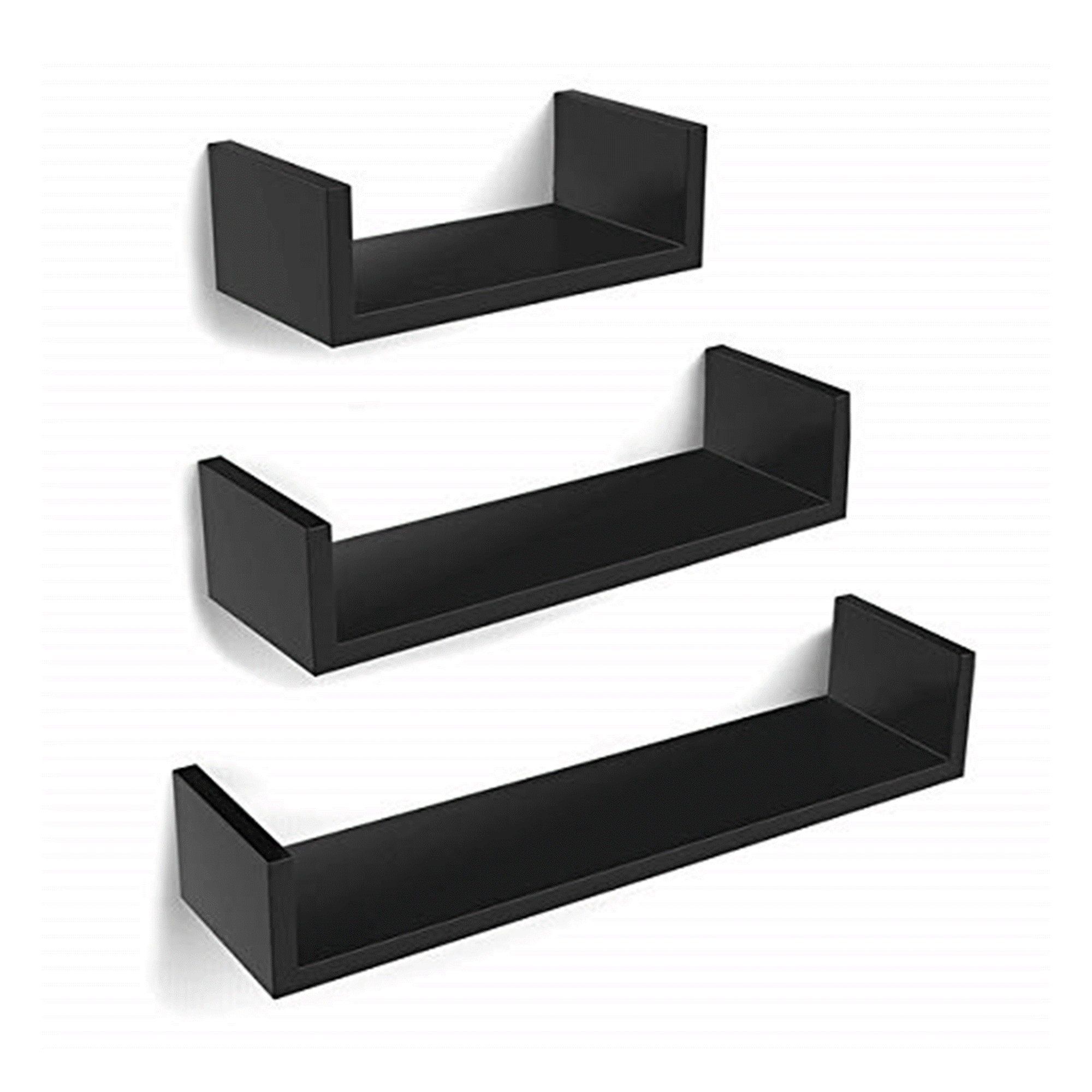 Set of 3 Black U-Shaped Floating Wooden MDF Wall Shelves DIY Home Storage