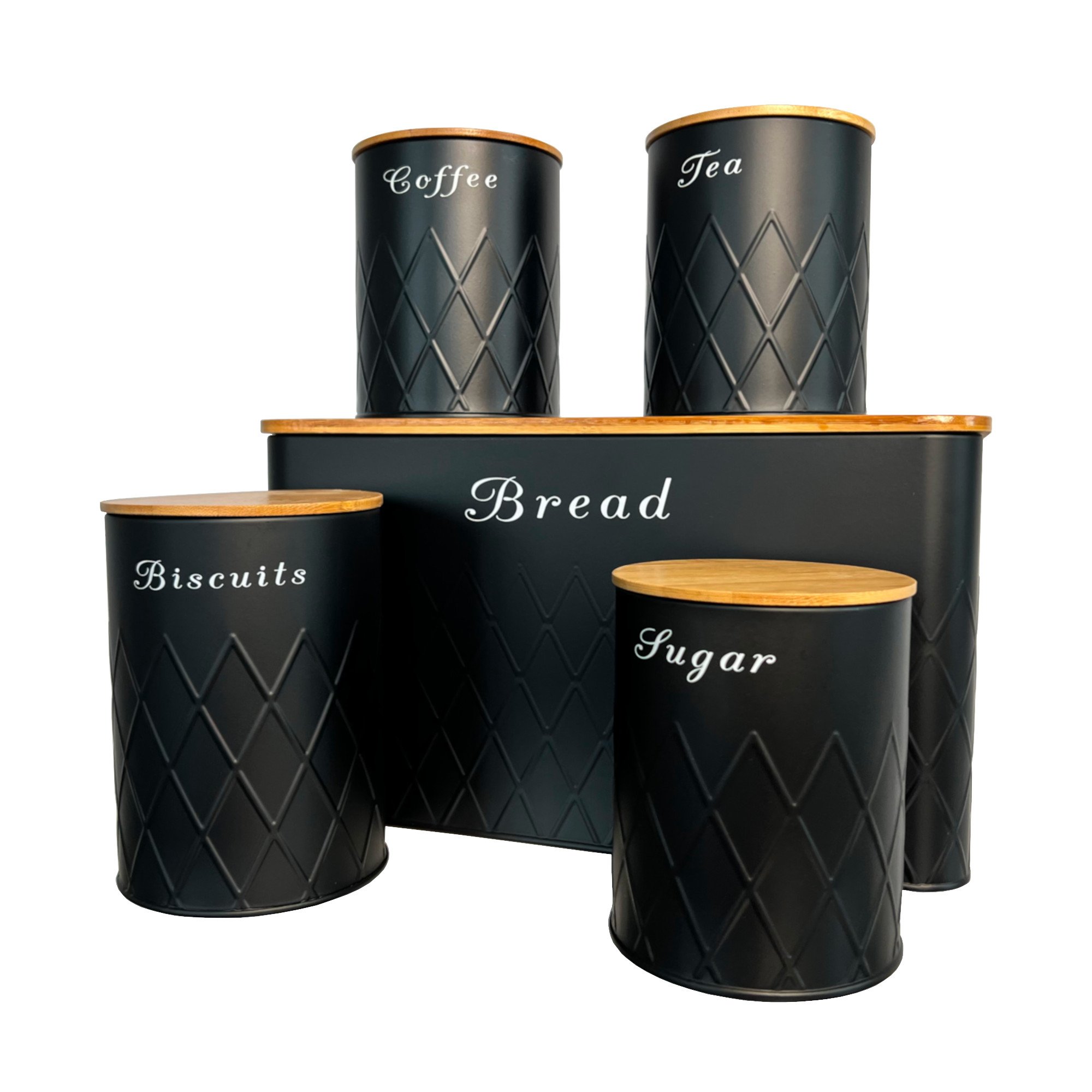 5pc Black Bamboo Lid Kitchen Canister Set Bread Biscuits Tea Sugar Coffee - Click Image to Close