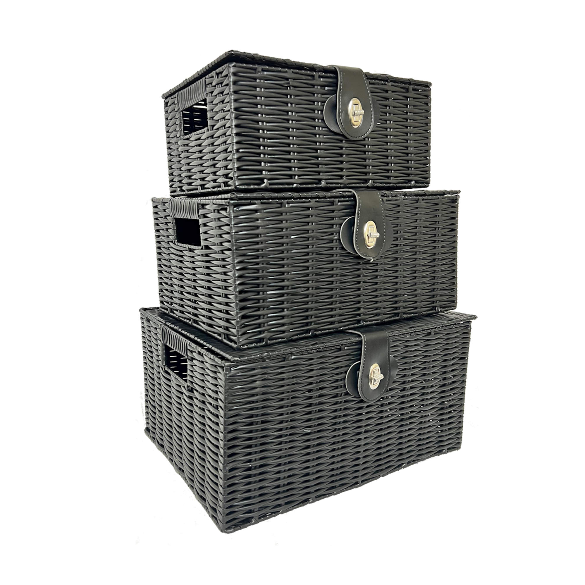 Set of 3 Black Resin Woven Wicker Style Baskets Hampers Storage Boxes