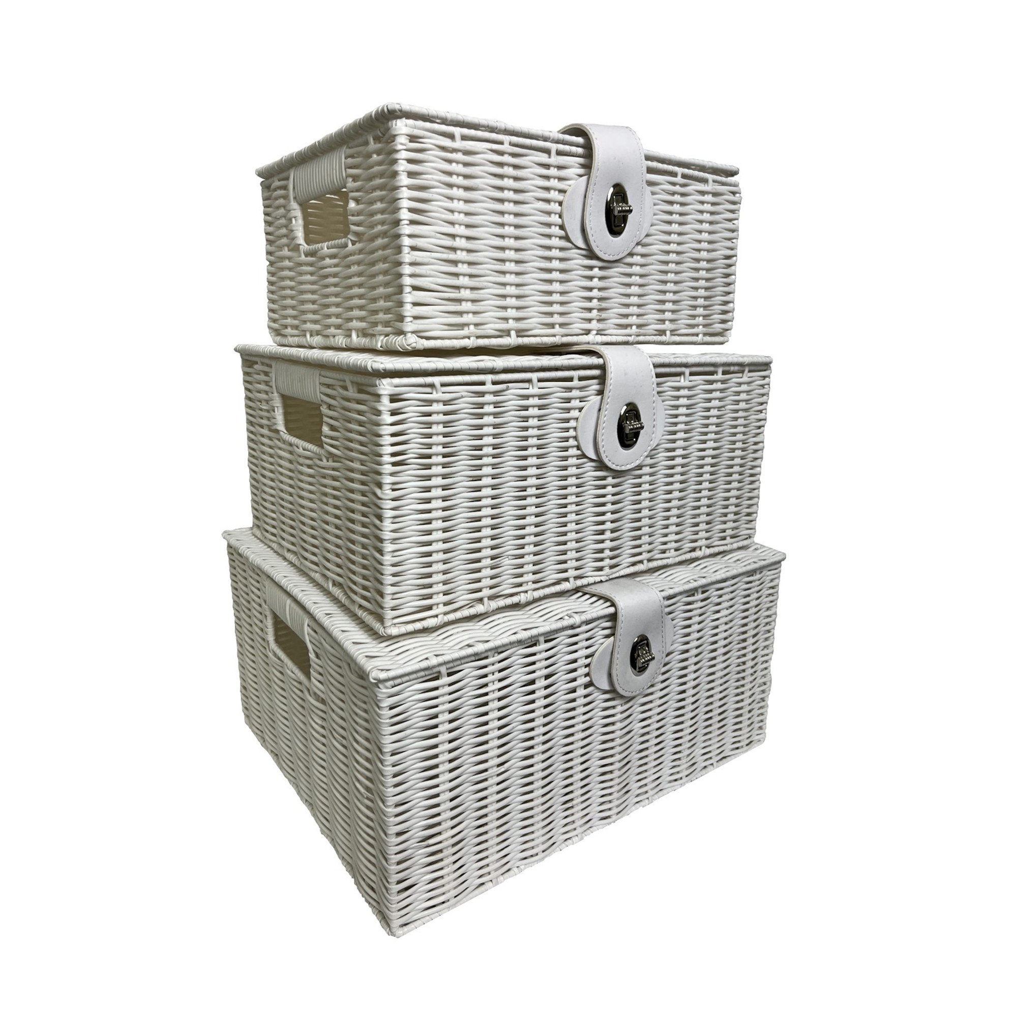 Set of 3 White Resin Woven Wicker Style Baskets Hampers Storage Boxes