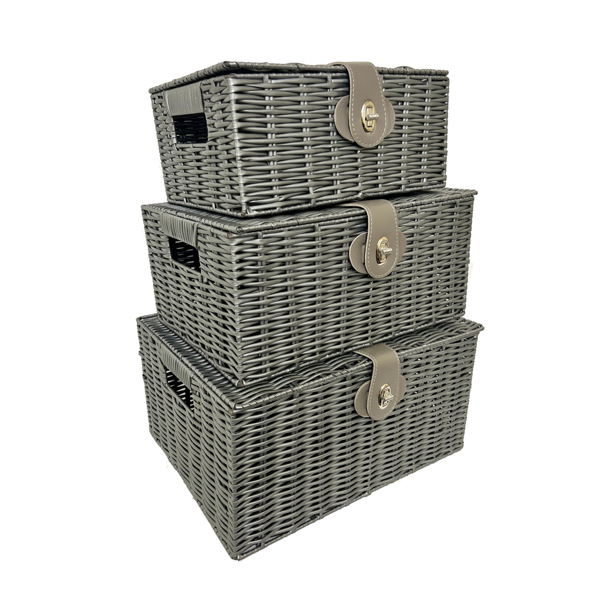 Set of 3 Grey Resin Woven Wicker Style Baskets Hampers Storage Boxes